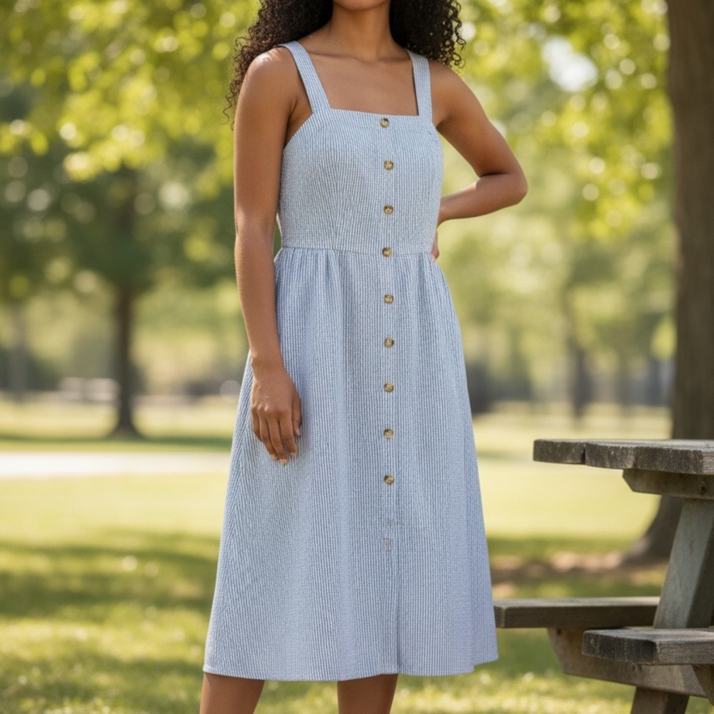 J. Crew Light Blue Striped Button-Front Midi Dress